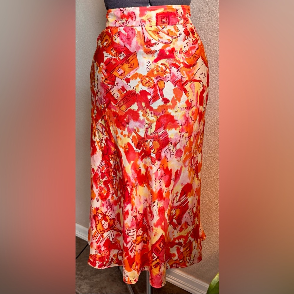 Vintage Silk Valerie Steven’s Pink Orange Midi Skirt 12 M